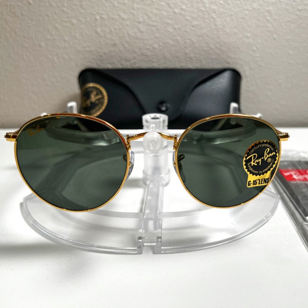 Ray-Ban Round Metal sunglasses (RB3447). Gold frame/green lenses.